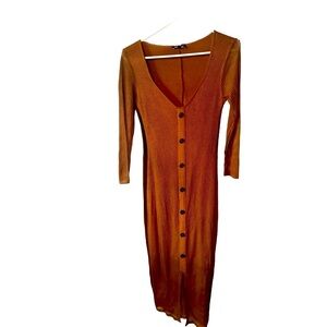 Express Brown Ribbed Knit Button Front Midi Dress Long Sleeve